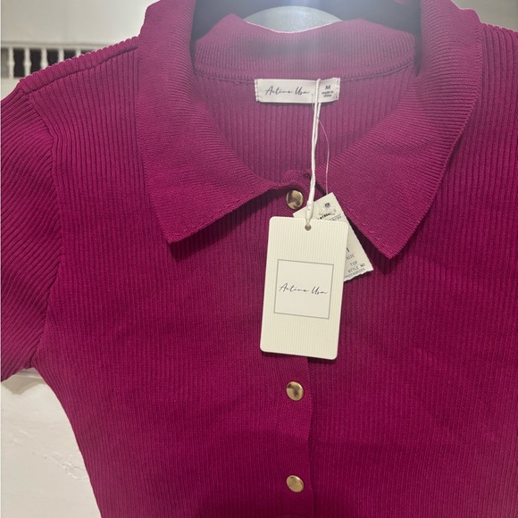 Active USA Fuchsia Ribbed Button-Up Top - Picture 3 of 3